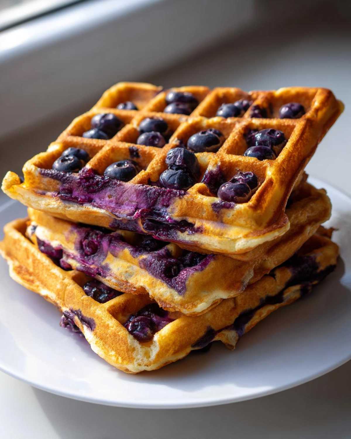 A stack of three golden Gluten-Free Blueberry Waffles loaded with juicy, burst blueberries, served on a white plate.
