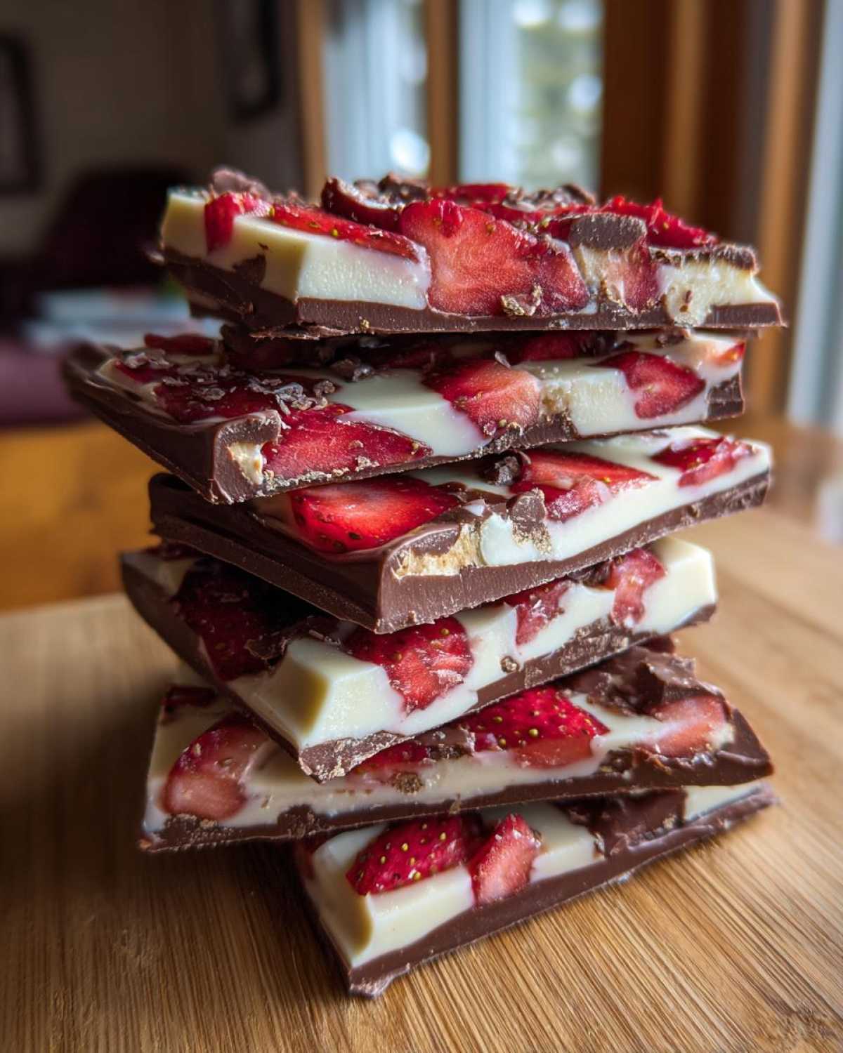 A stack of five pieces of Chocolate Covered Strawberry Bark showing layers of dark chocolate, white chocolate, and sliced strawberries.