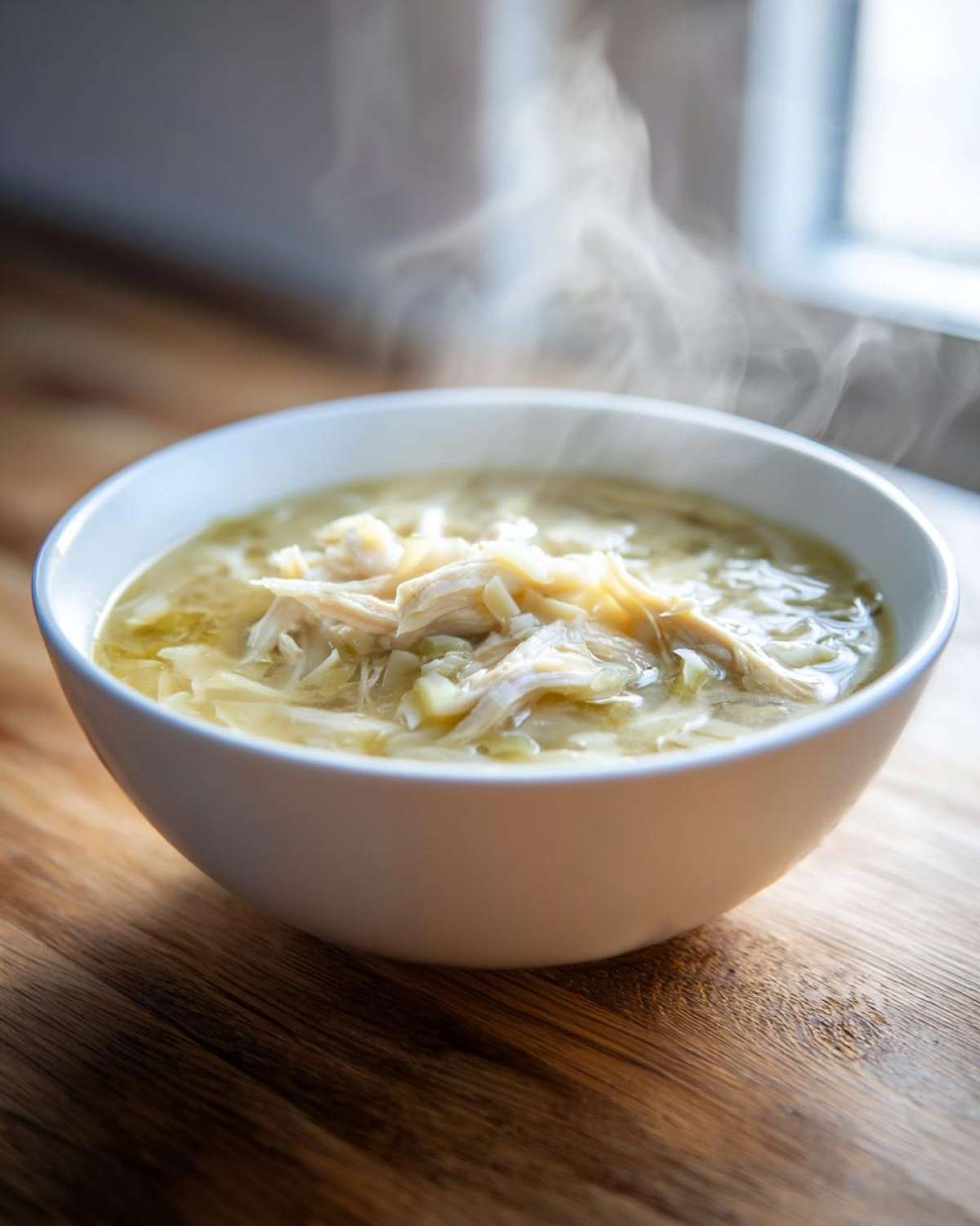 A steaming white bowl filled with Greek Lemon Chicken Soup, featuring shredded chicken and pasta on a wooden surface.