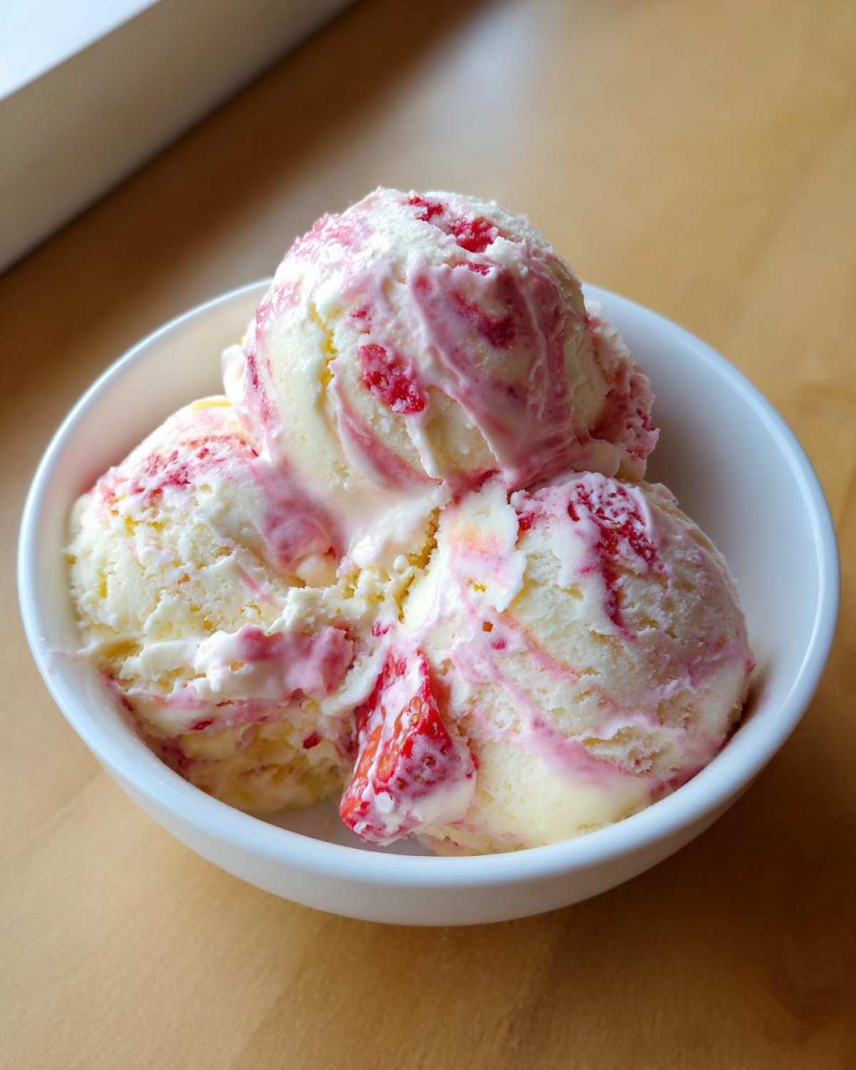 Three scoops of creamy Strawberry Banana Ice Cream swirled with bright red strawberry puree in a white bowl.