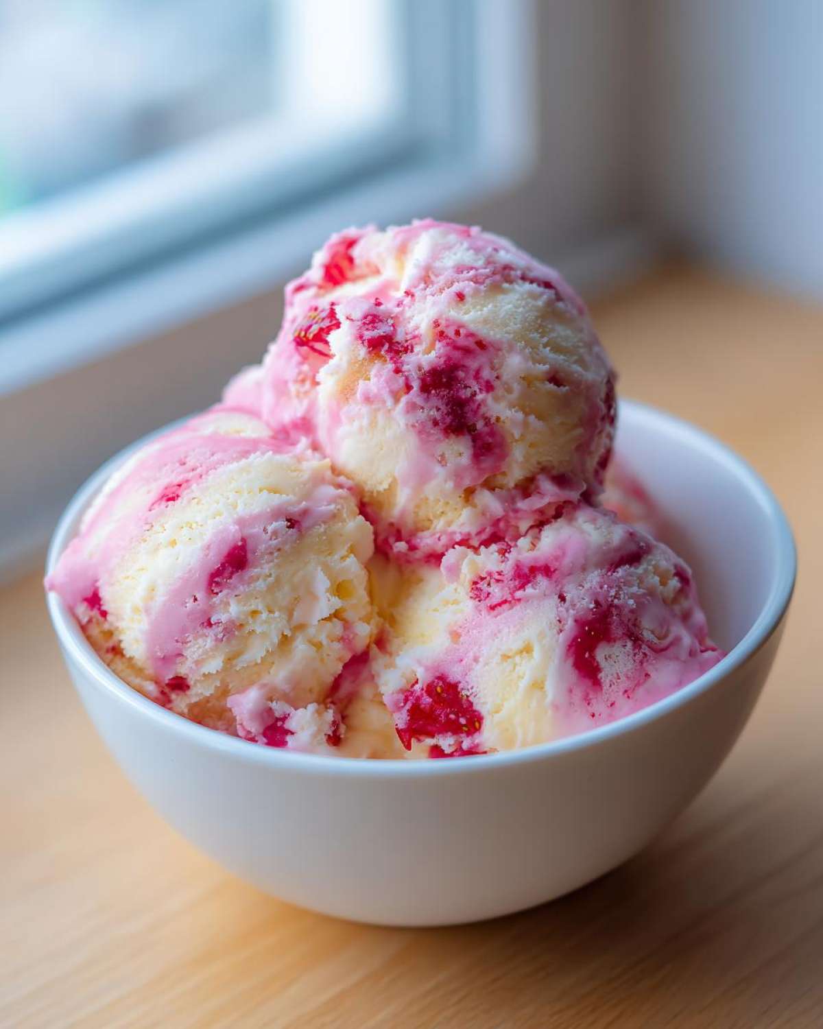 Three scoops of creamy Strawberry Banana Ice Cream swirled with bright pink fruit puree in a white bowl.
