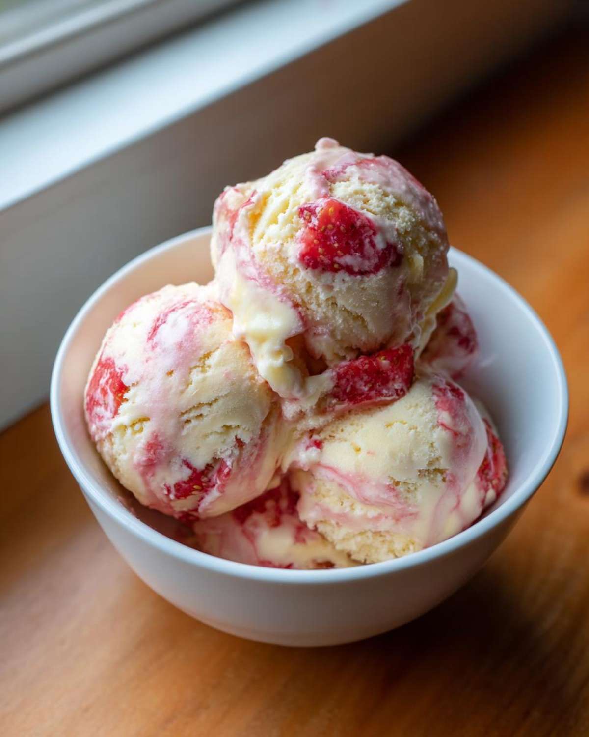 Three scoops of creamy Strawberry Banana Ice Cream swirled with bright red strawberries in a white bowl.