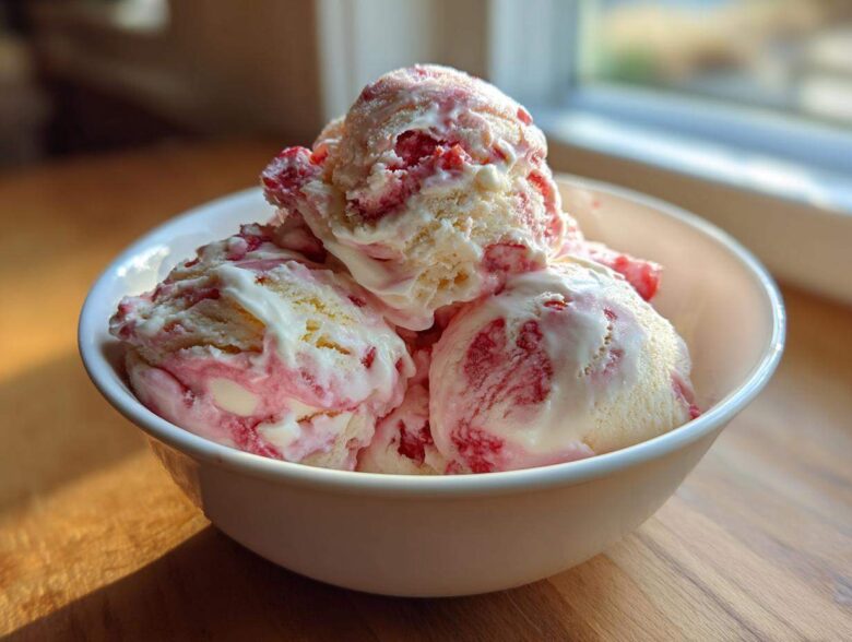 Several scoops of creamy Strawberry Banana Ice Cream with visible red fruit swirls in a white bowl.