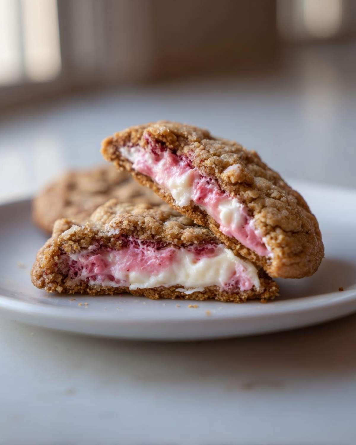 A close-up of Strawberry Cheesecake Stuffed Cookies cut in half, revealing a creamy white and pink filling.