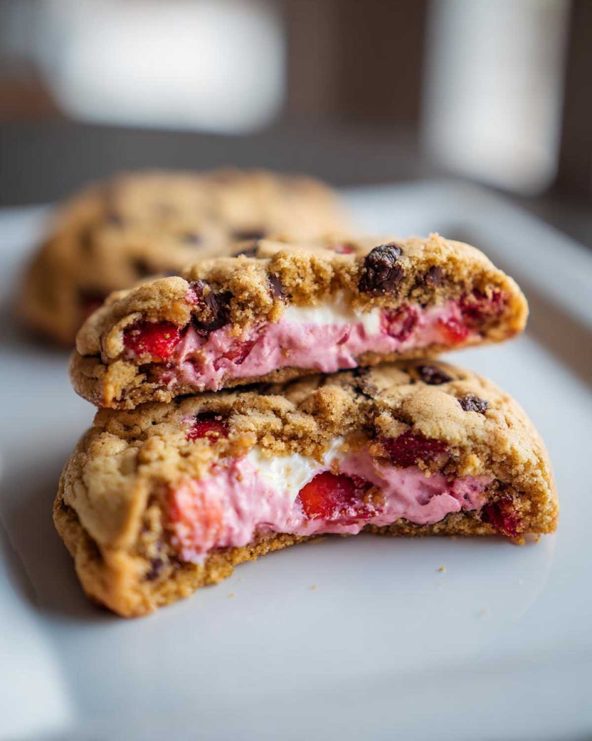 A Strawberry Cheesecake Stuffed Cookie cut in half showing the pink strawberry filling and white cream cheese center.