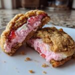 Close-up of Strawberry Cheesecake Stuffed Cookies cut in half showing pink strawberry filling.