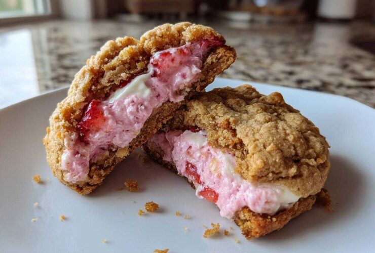 Close-up of Strawberry Cheesecake Stuffed Cookies cut in half showing pink strawberry filling.