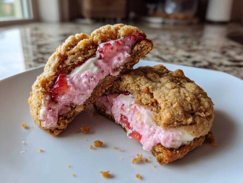 Close-up of Strawberry Cheesecake Stuffed Cookies cut in half showing pink strawberry filling.
