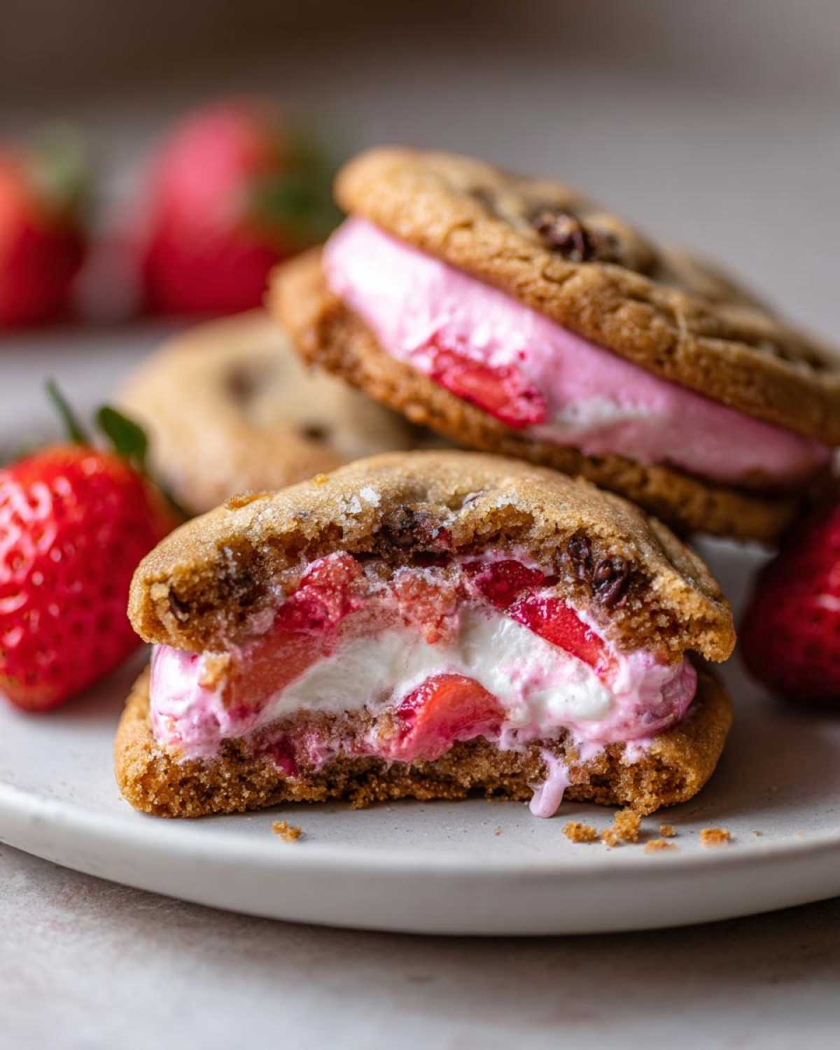 A close-up of a Strawberry Cheesecake Stuffed Cookie cut in half, revealing pink and white filling with strawberry pieces.