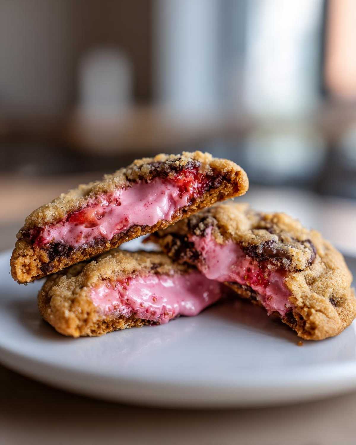 Close-up of Strawberry Cheesecake Stuffed Cookies cut in half showing gooey pink filling.