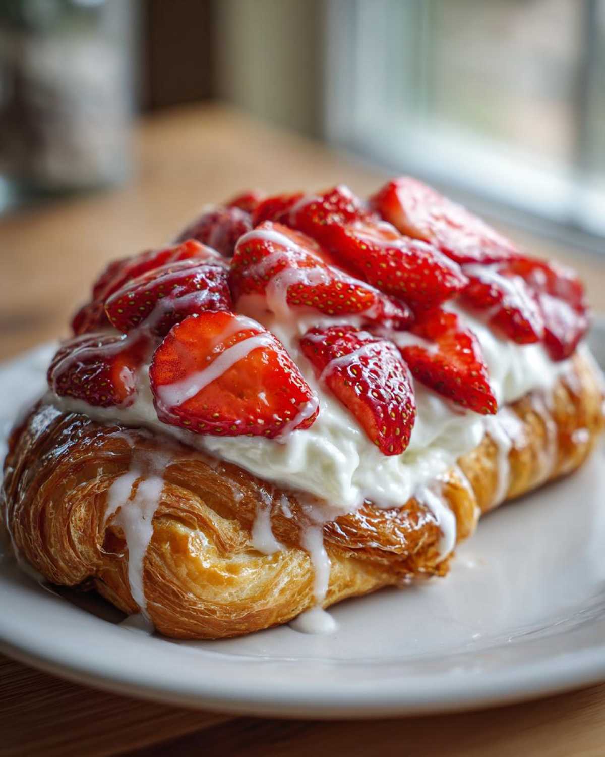 Close-up of a flaky pastry topped with cream cheese filling, sliced strawberries, and a white glaze, representing a Strawberry Cream Cheese Danish.