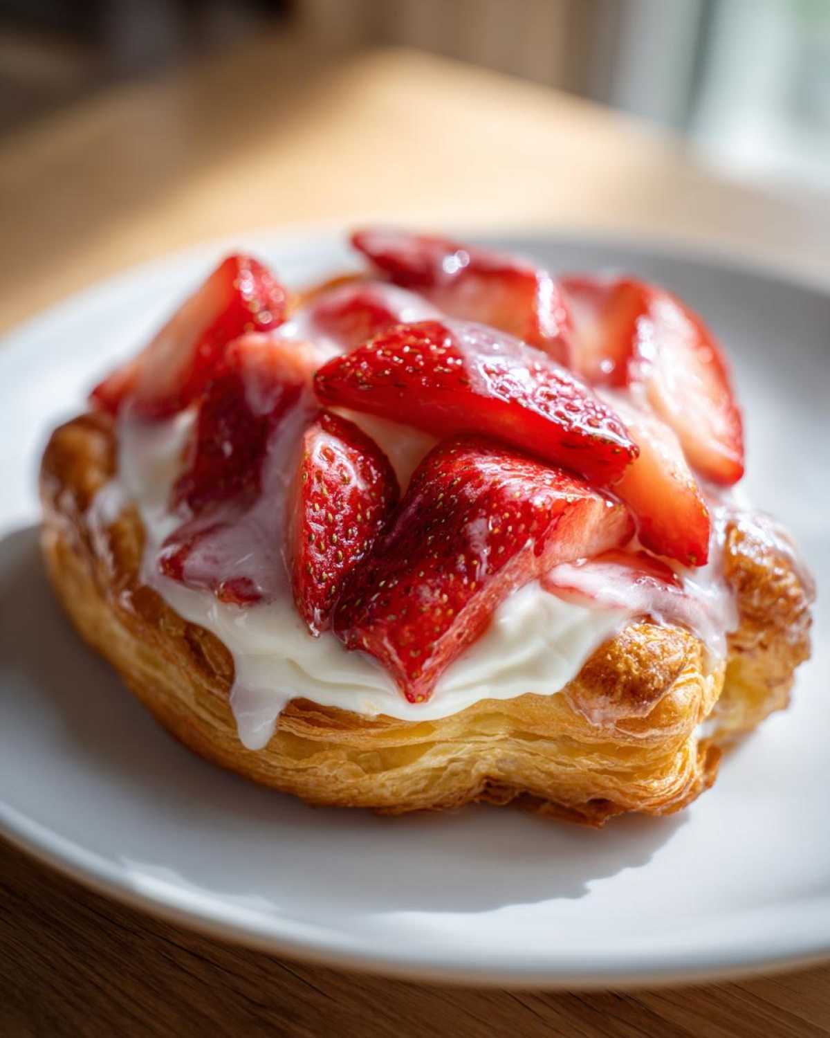 A single, flaky Strawberry Cream Cheese Danish topped with white cream cheese and sliced strawberries drizzled with glaze.