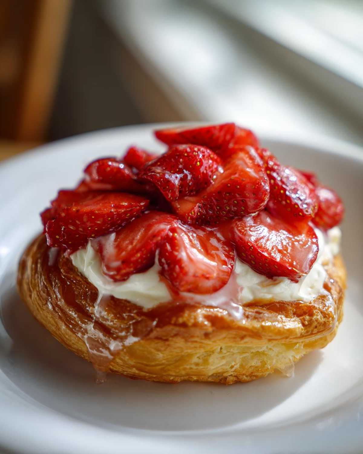 A close-up of a flaky Strawberry Cream Cheese Danish topped with fresh, glazed strawberries and cream cheese filling.
