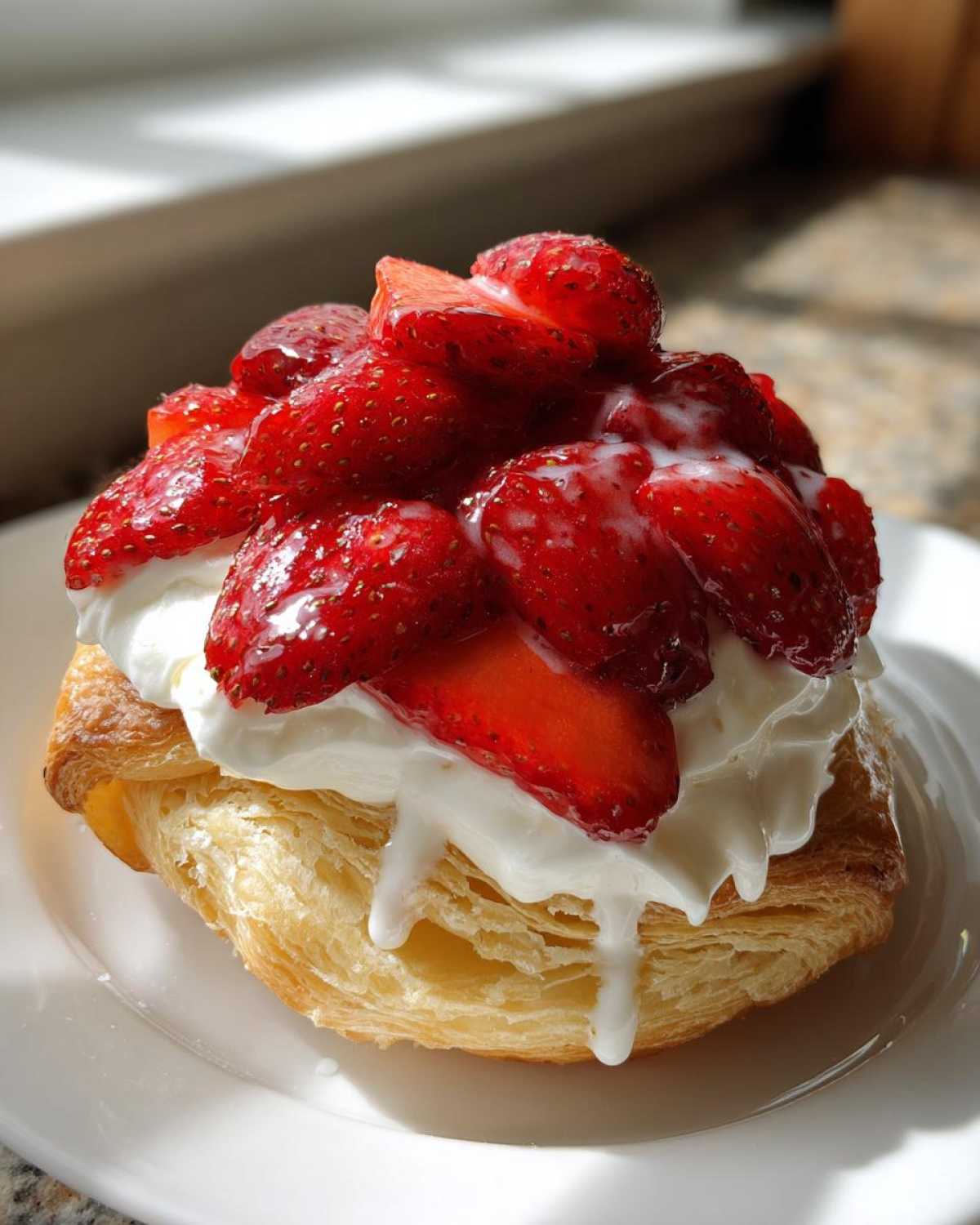 A flaky pastry topped with cream cheese filling, fresh sliced strawberries, and a sweet white glaze, representing a Strawberry Cream Cheese Danish.