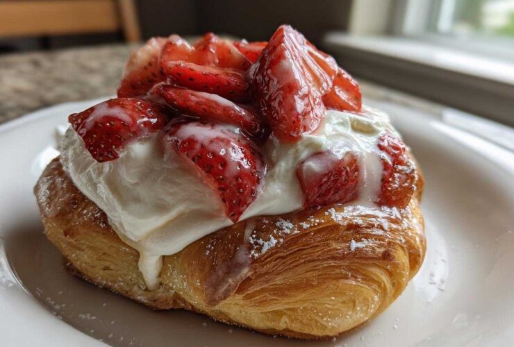 Close-up of a flaky Strawberry Cream Cheese Danish topped with whipped cream and sliced strawberries.
