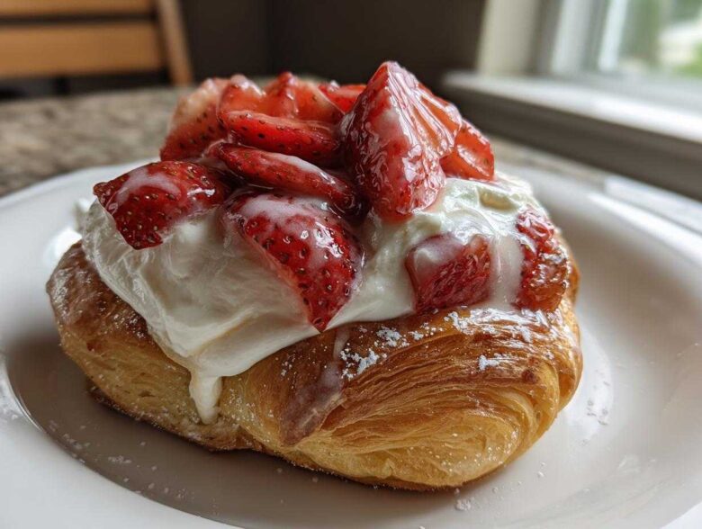 Close-up of a flaky Strawberry Cream Cheese Danish topped with whipped cream and sliced strawberries.