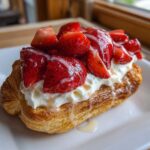 Close-up of a flaky pastry topped with cream cheese filling, fresh strawberries, and a sweet glaze, our Strawberry Cream Cheese Danish.