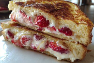 Close-up of two halves of golden brown Strawberry Cream Cheese Stuffed French Toast overflowing with filling.