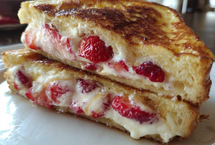 Close-up of two halves of golden brown Strawberry Cream Cheese Stuffed French Toast overflowing with filling.