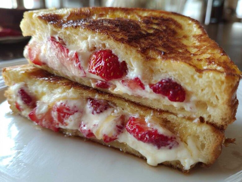Close-up of two halves of golden brown Strawberry Cream Cheese Stuffed French Toast overflowing with filling.