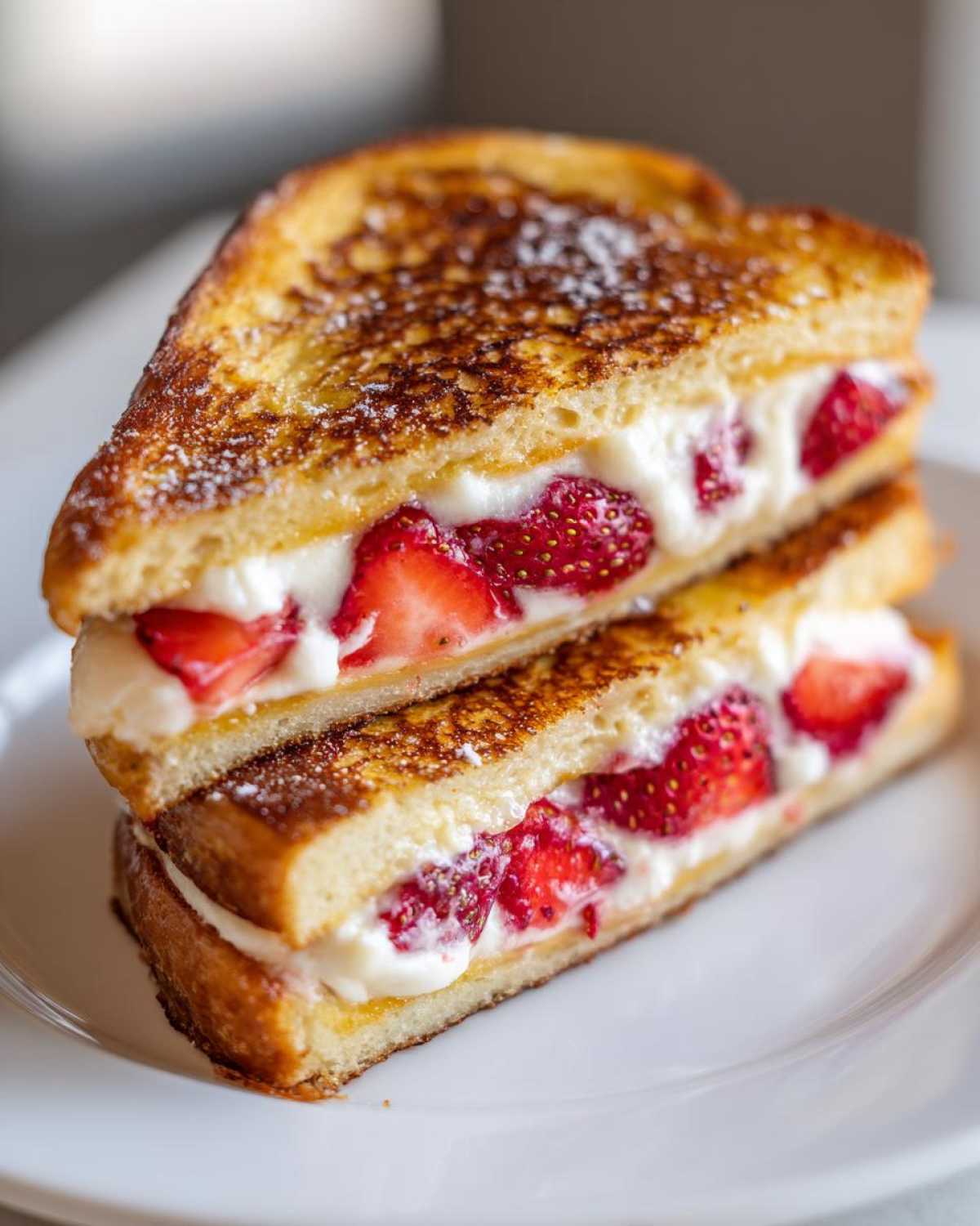 Two halves of Strawberry Cream Cheese Stuffed French Toast stacked on a white plate, dusted with powdered sugar.