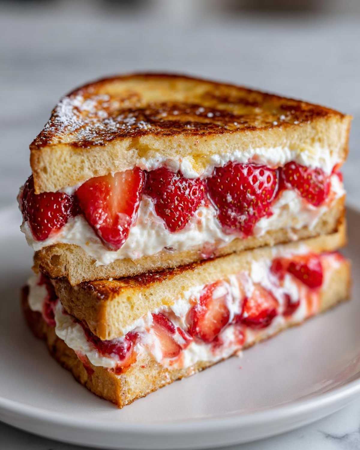 Two halves of Strawberry Cream Cheese Stuffed French Toast stacked, showing creamy filling and fresh strawberries.