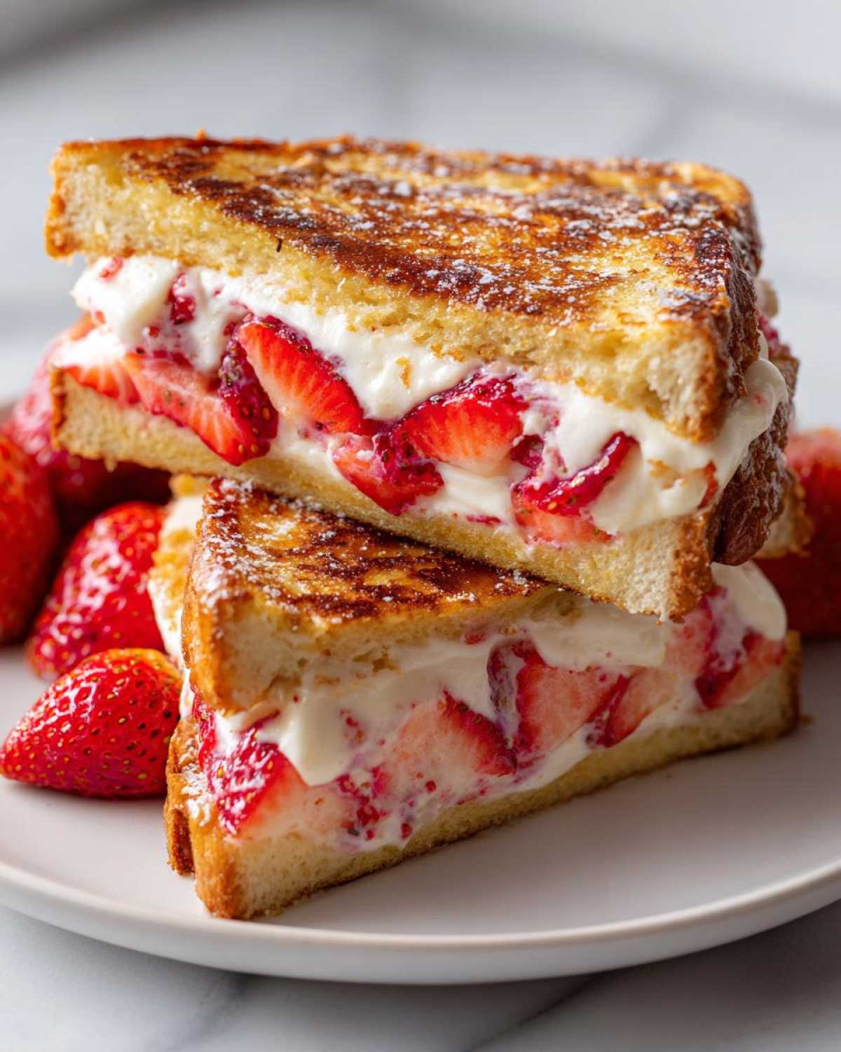 Two halves of Strawberry Cream Cheese Stuffed French Toast stacked, showing creamy filling and fresh strawberries.