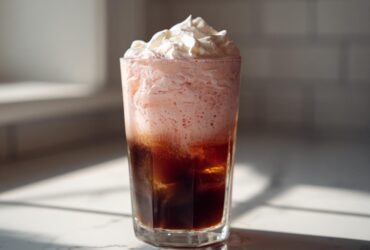 A tall glass of Strawberry Cream Cold Brew with iced coffee base, pink foam, and whipped cream topping.