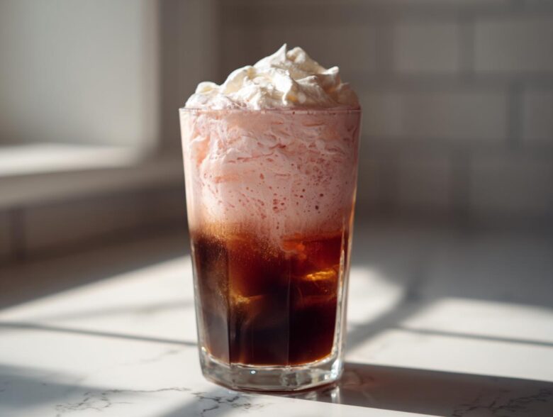 A tall glass of Strawberry Cream Cold Brew with iced coffee base, pink foam, and whipped cream topping.