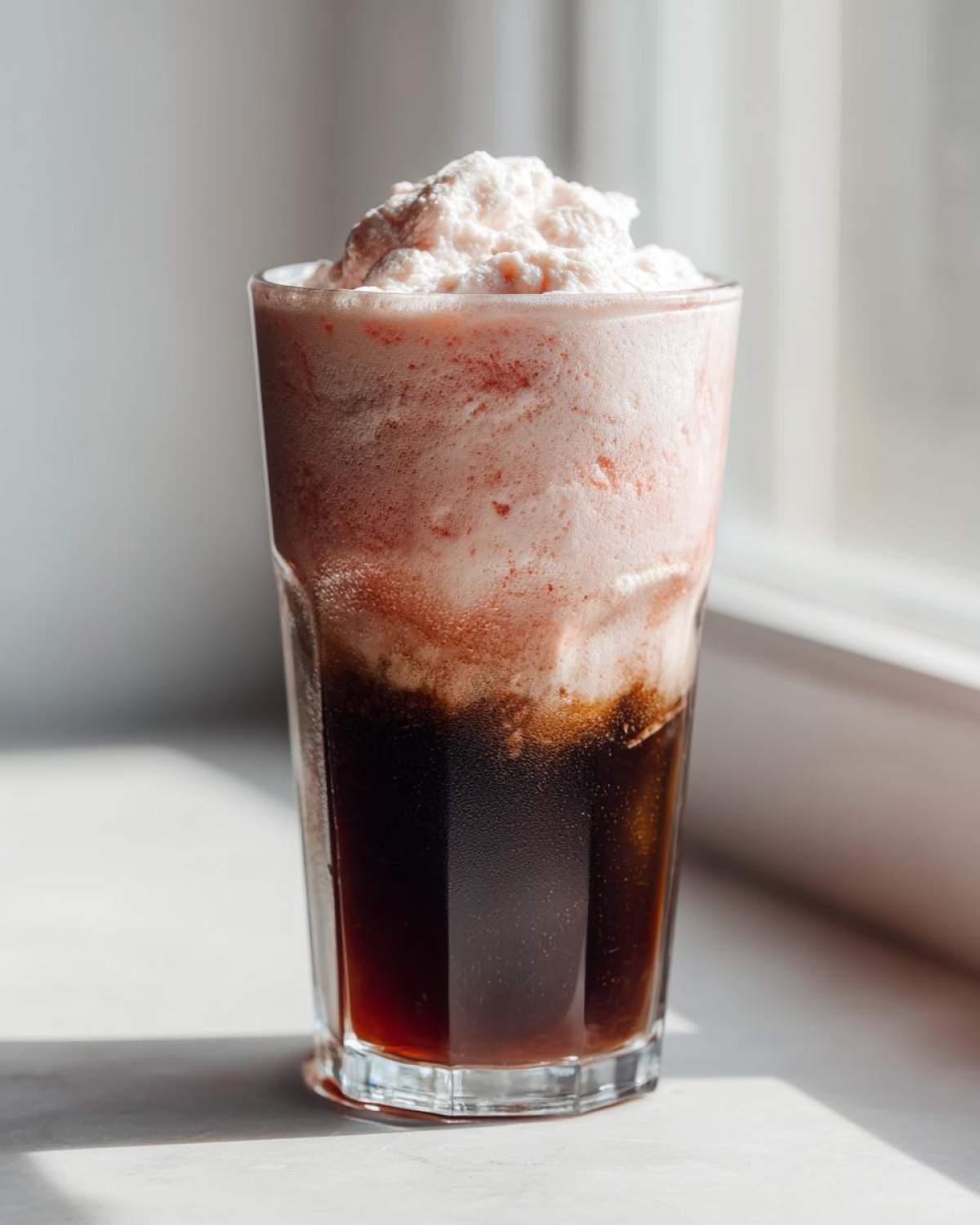 A tall glass showing layers of dark cold brew coffee topped with pink, frothy strawberry cream and a dollop of whipped topping for Strawberry Cream Cold Brew.