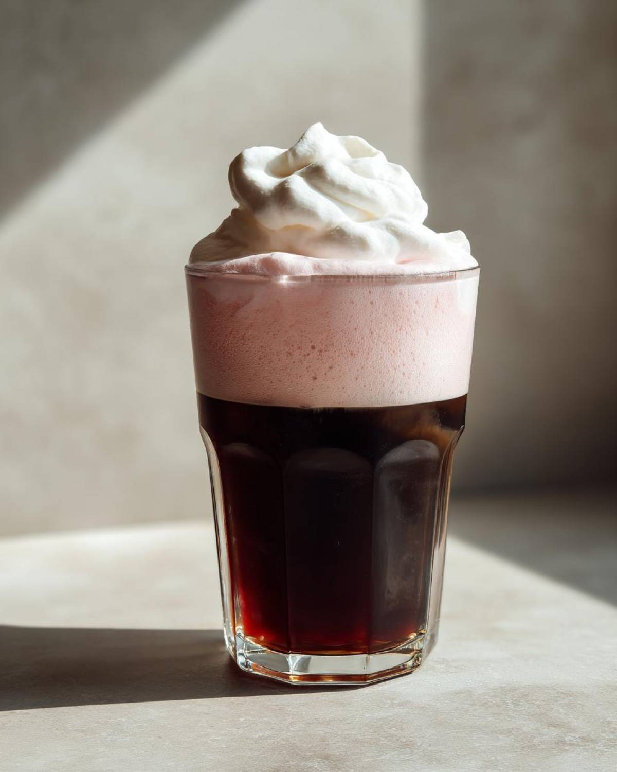 A glass of Strawberry Cream Cold Brew topped with pink foam and whipped cream.