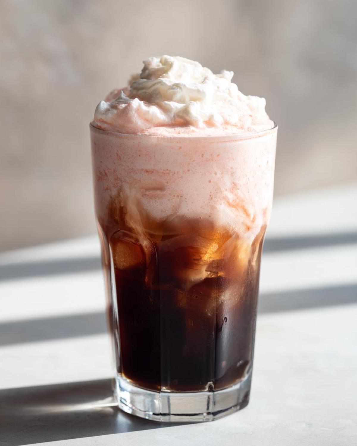 A tall glass filled with Strawberry Cream Cold Brew, showing dark coffee, pink foam, and whipped cream topping.