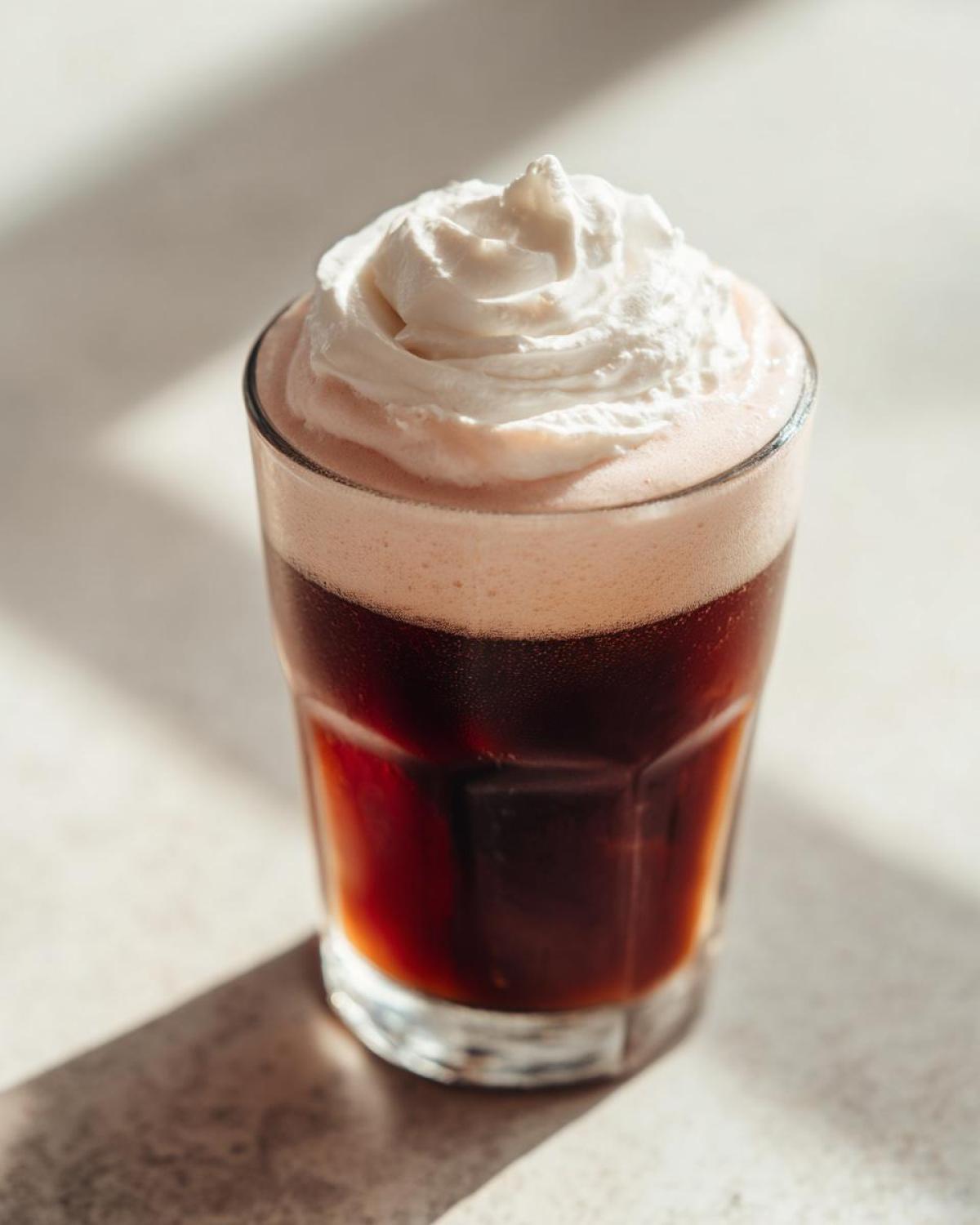 Close-up of a glass containing rich, dark Strawberry Cream Cold Brew topped with a swirl of white whipped cream.