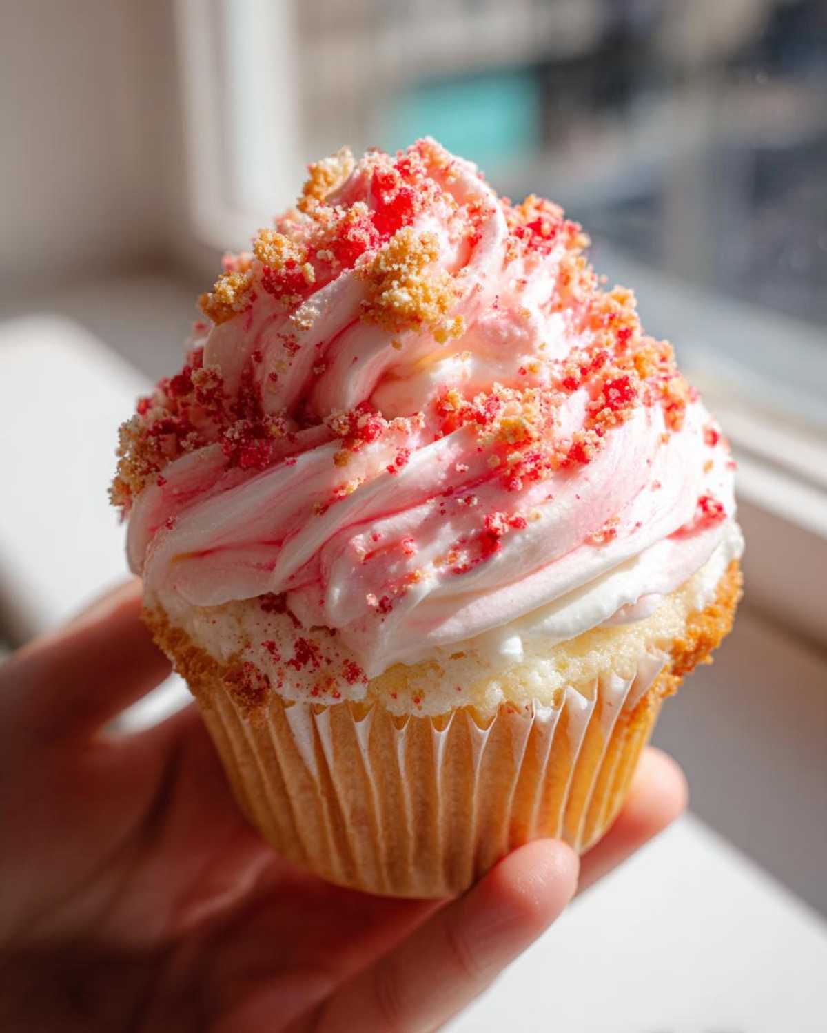A hand holding a single, perfectly frosted Strawberry Crunch Cupcakes topped with pink swirl icing and crunchy red and tan sprinkles.