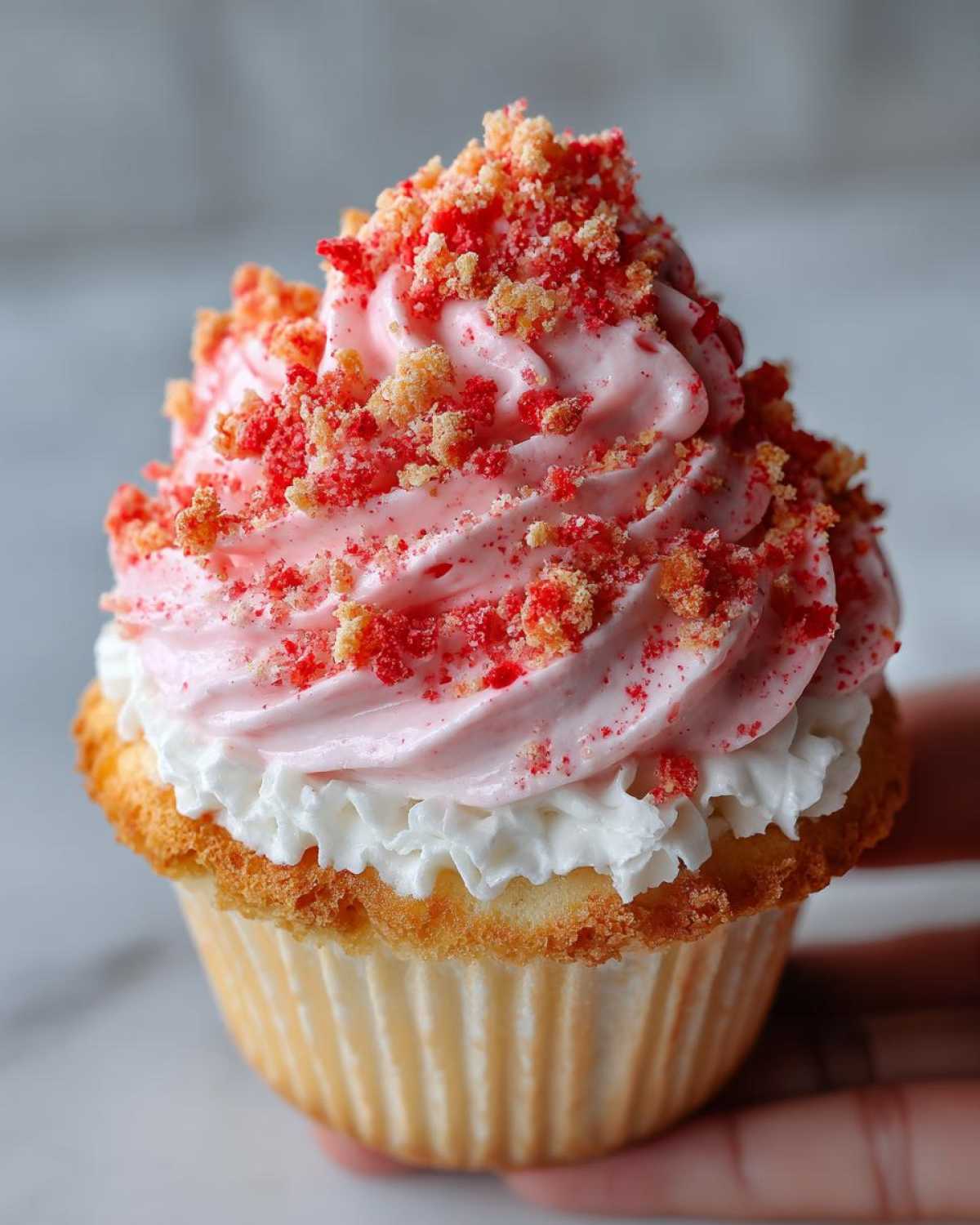 A close-up of a delicious Strawberry Crunch Cupcakes topped with pink frosting and red/yellow crumble.