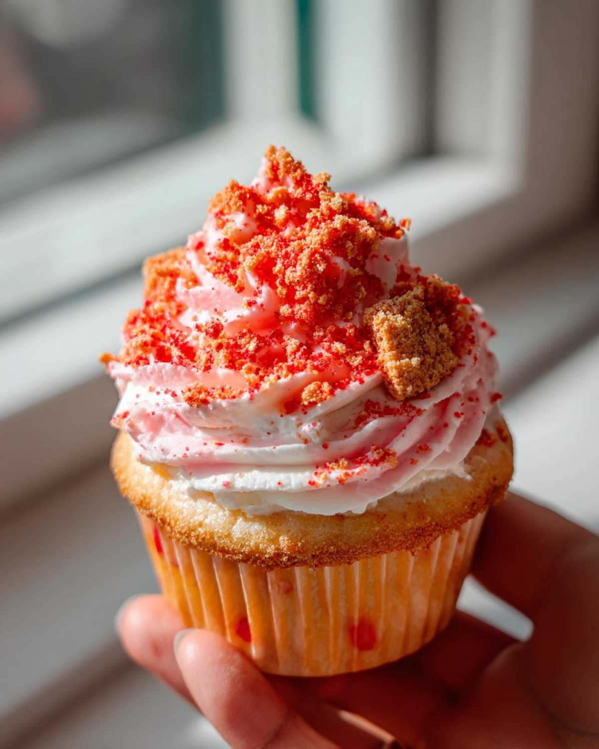 A hand holding a freshly baked Strawberry Crunch Cupcakes topped with pink and white frosting and bright red strawberry crunch topping.