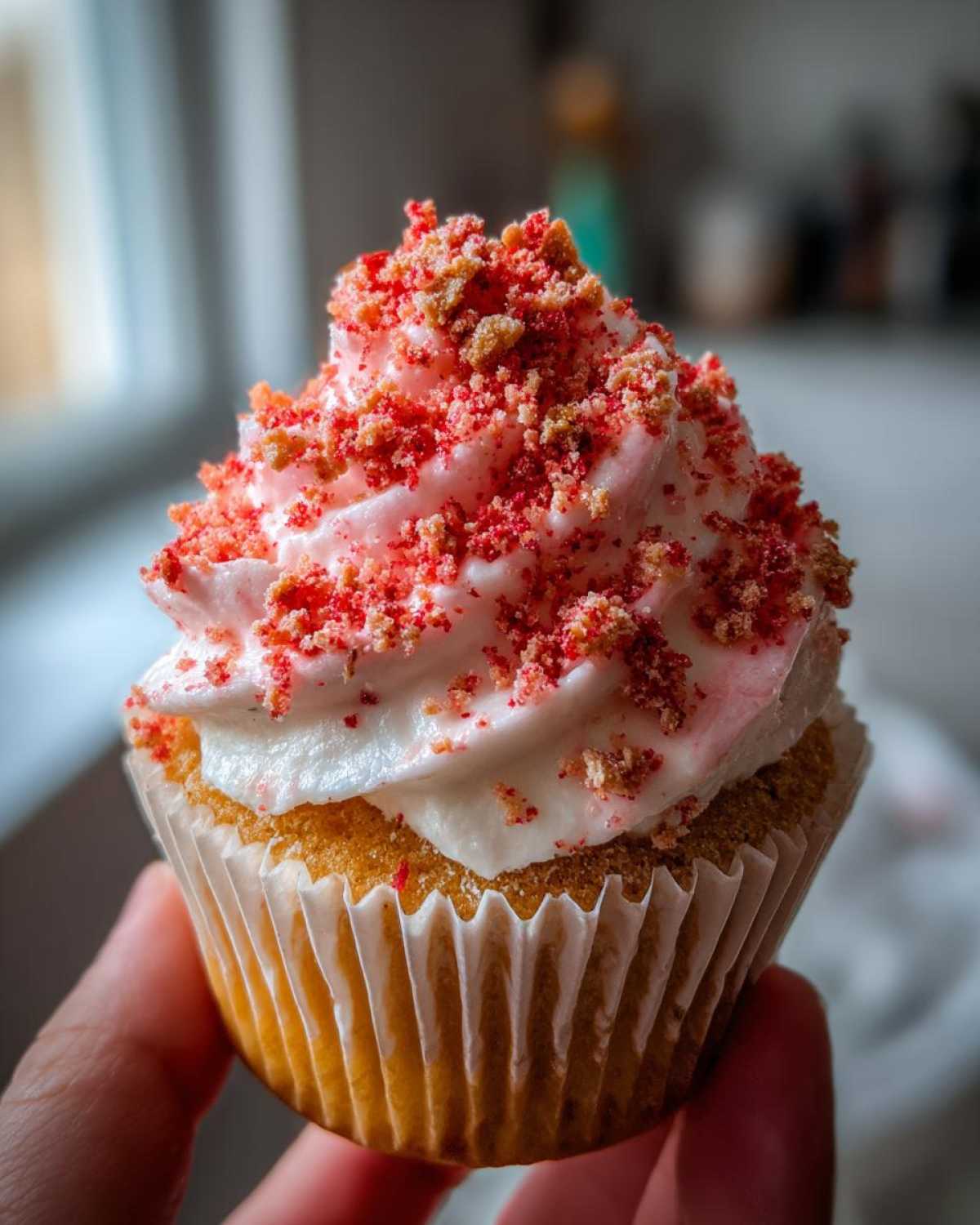 A close-up of a delicious Strawberry Crunch Cupcakes, topped with pink frosting and crunchy strawberry crumbs.