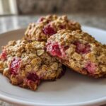 Close-up of three freshly baked Strawberry Oatmeal Breakfast Cookies featuring visible oats and bright pink strawberry filling.