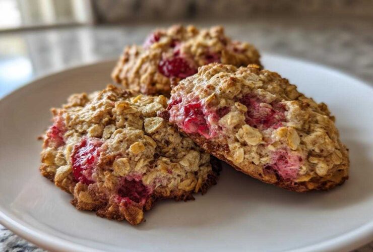 Close-up of three freshly baked Strawberry Oatmeal Breakfast Cookies featuring visible oats and bright pink strawberry filling.