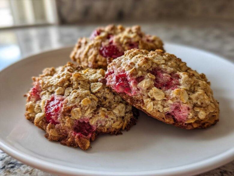 Close-up of three freshly baked Strawberry Oatmeal Breakfast Cookies featuring visible oats and bright pink strawberry filling.