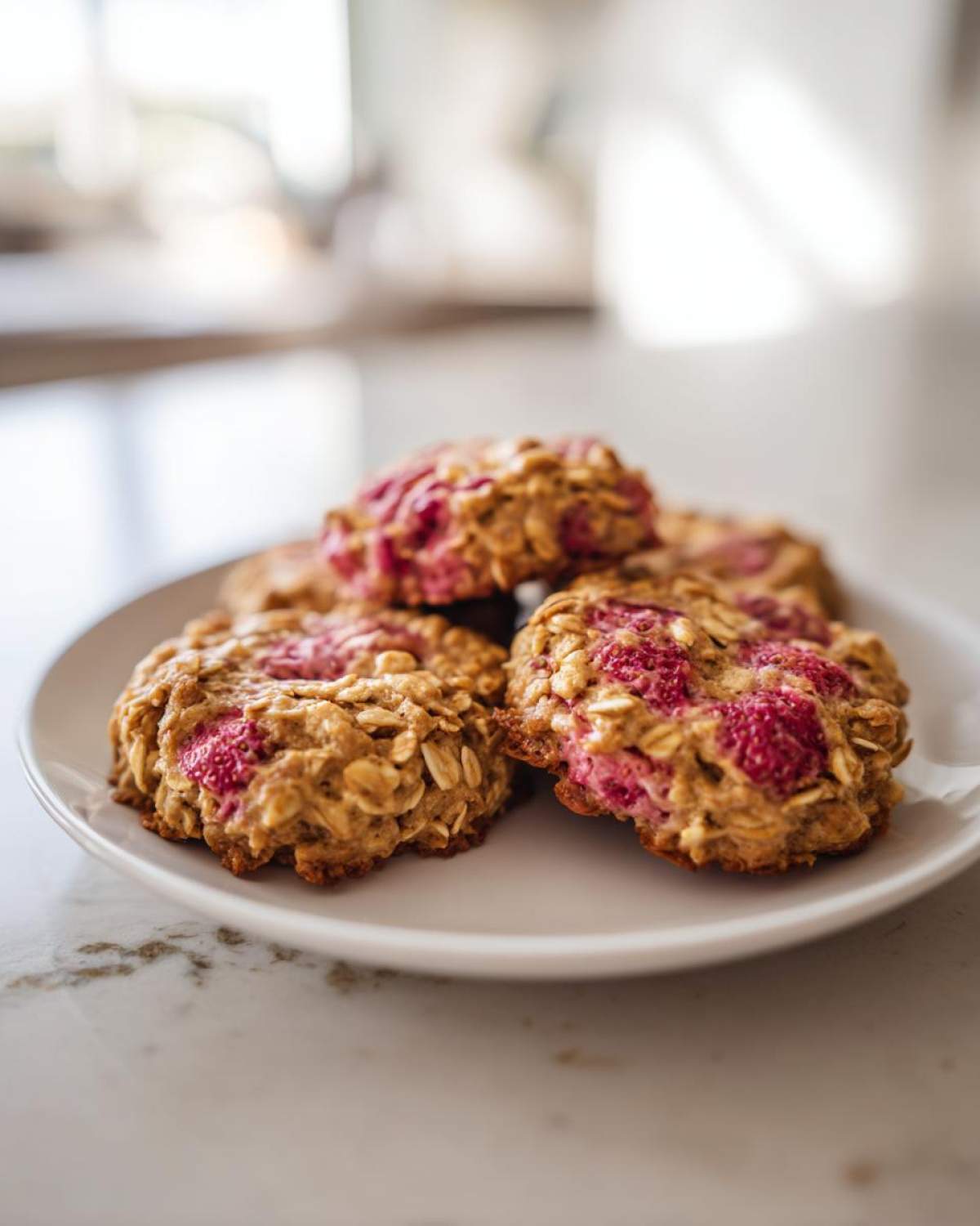 A small stack of freshly baked Strawberry Oatmeal Breakfast Cookies topped with visible pieces of bright red fruit.