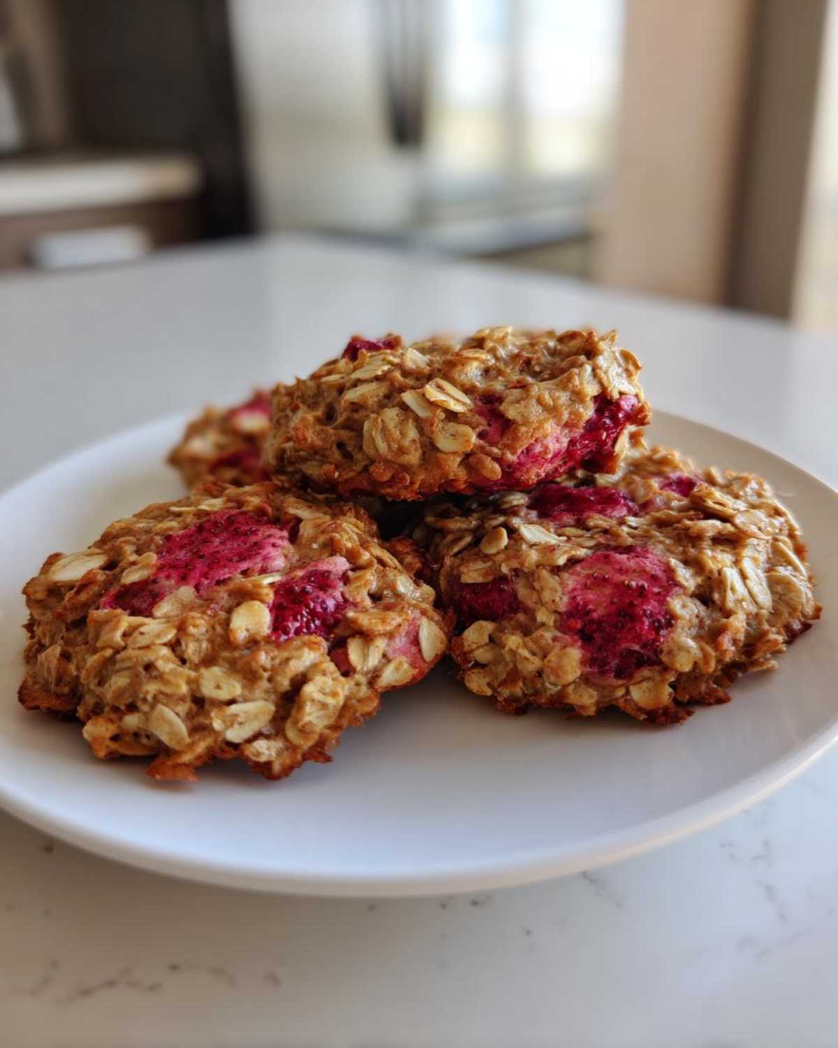 A stack of three delicious Strawberry Oatmeal Breakfast Cookies featuring visible oats and bright pink strawberry pieces on a white plate.