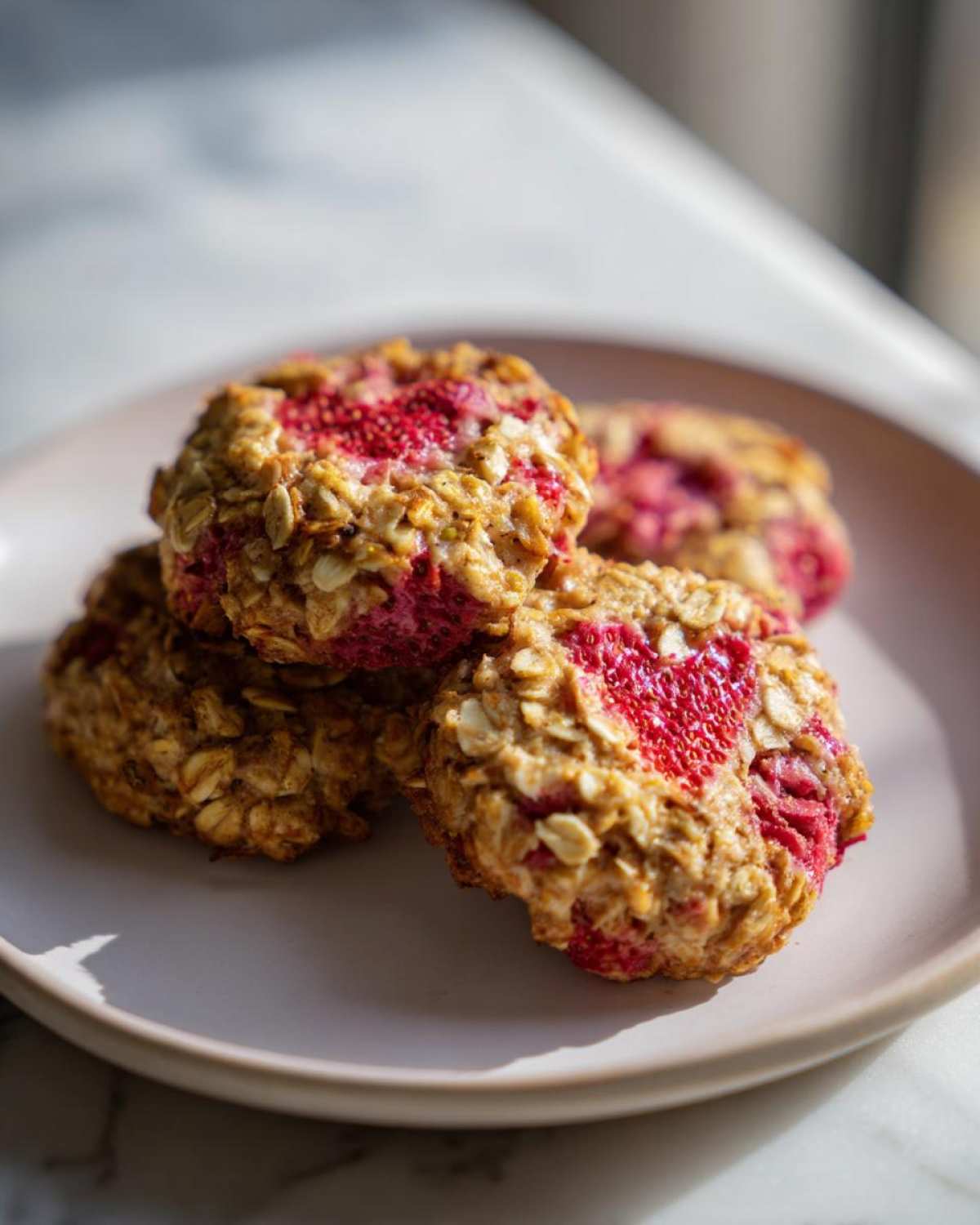 Four golden brown Strawberry Oatmeal Breakfast Cookies piled on a light pink plate, showing visible oats and bright red strawberry pieces.