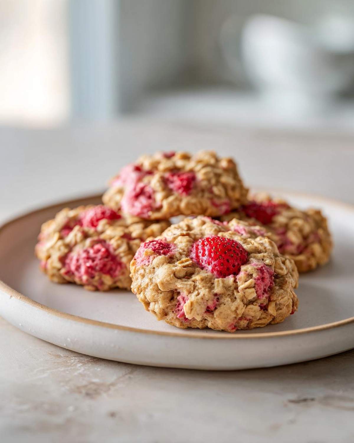 A stack of delicious Strawberry Oatmeal Breakfast Cookies featuring visible oats and bright red strawberry pieces.