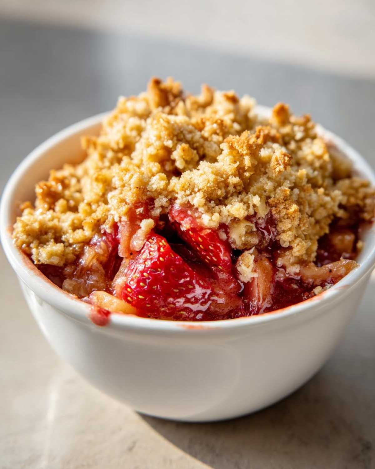 Close-up shot of a warm Strawberry Rhubarb Crisp served in a white bowl, showing juicy strawberries and crumb topping.