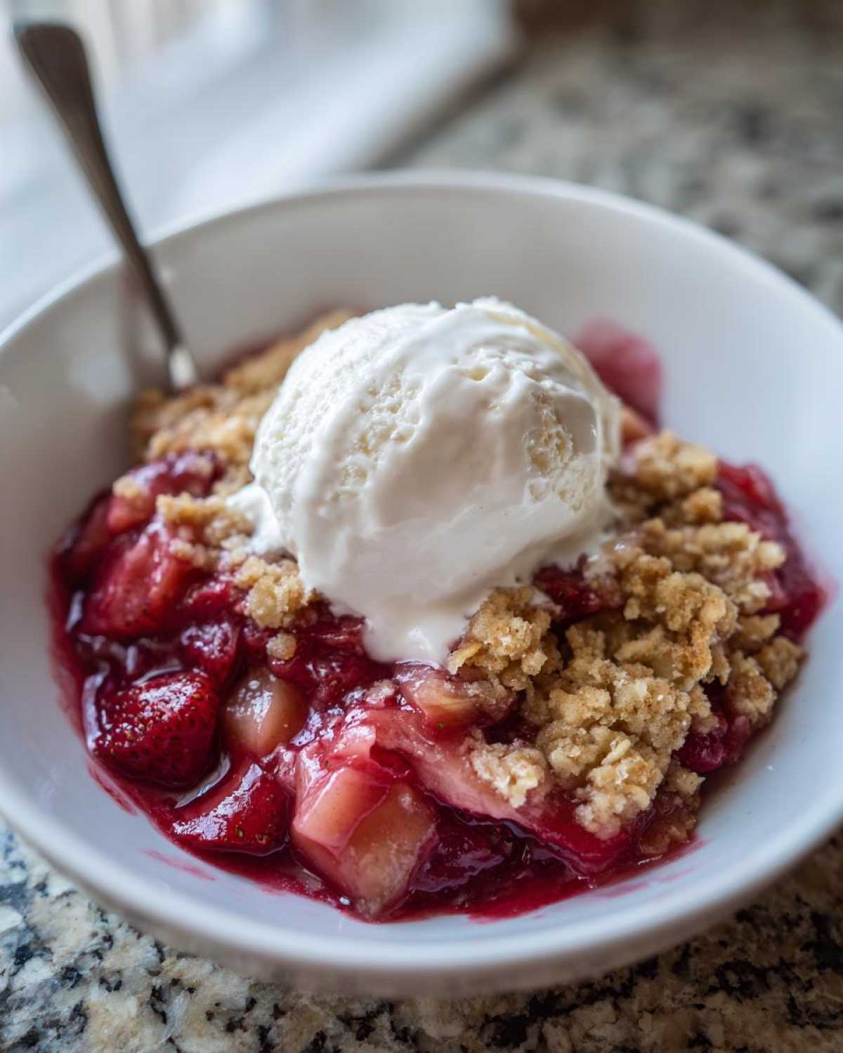 Close-up of a bowl of warm Strawberry Rhubarb Crisp topped with a scoop of melting vanilla ice cream.