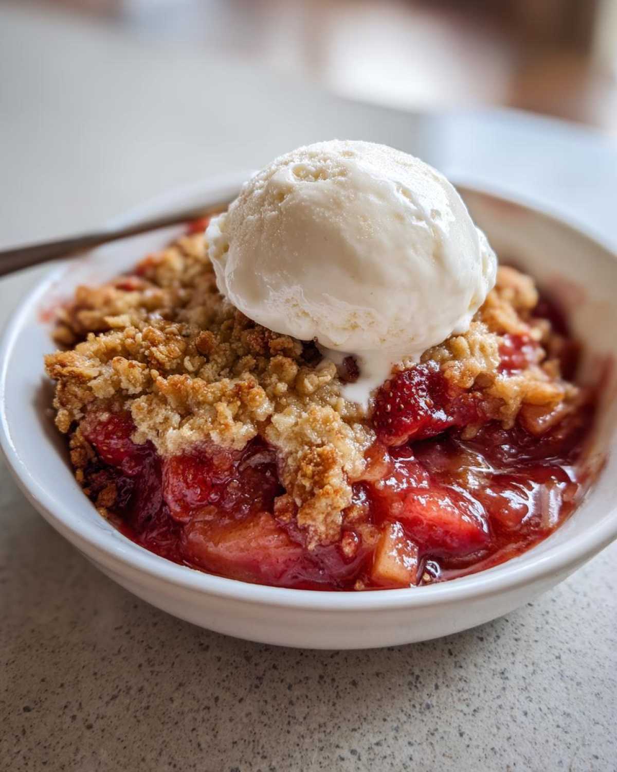 A close-up of warm Strawberry Rhubarb Crisp topped with a melting scoop of vanilla ice cream in a white bowl.