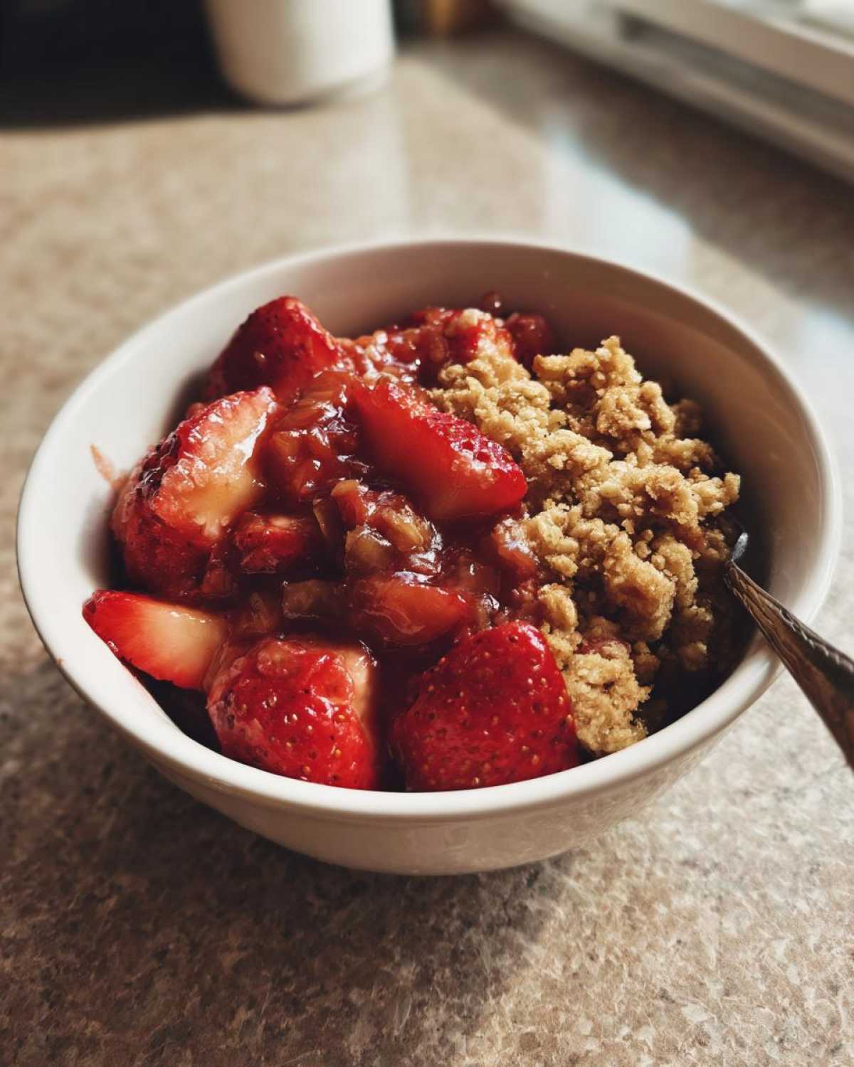 Close-up of a white bowl filled with warm Strawberry Rhubarb Crisp, showing juicy strawberries and crumb topping.
