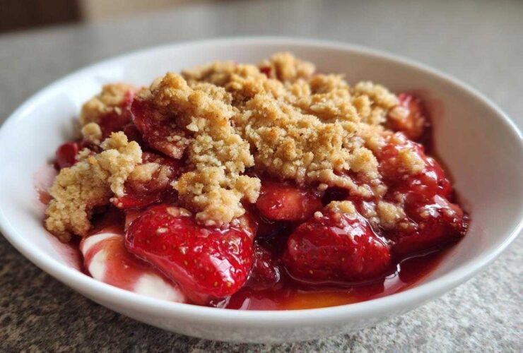 Close-up of a bowl of warm Strawberry Rhubarb Crisp topped with a buttery crumble and served over vanilla ice cream.