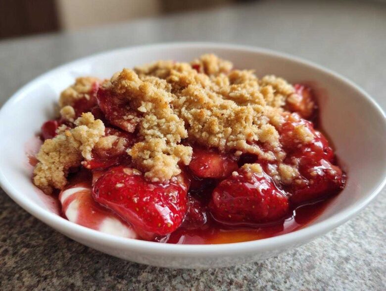 Close-up of a bowl of warm Strawberry Rhubarb Crisp topped with a buttery crumble and served over vanilla ice cream.